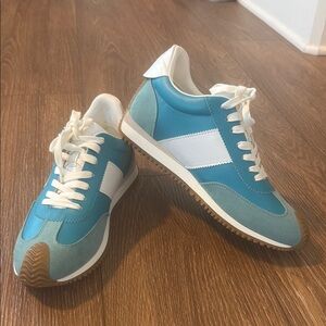 J Slides Turquoise and White Retro Runner Sneakers